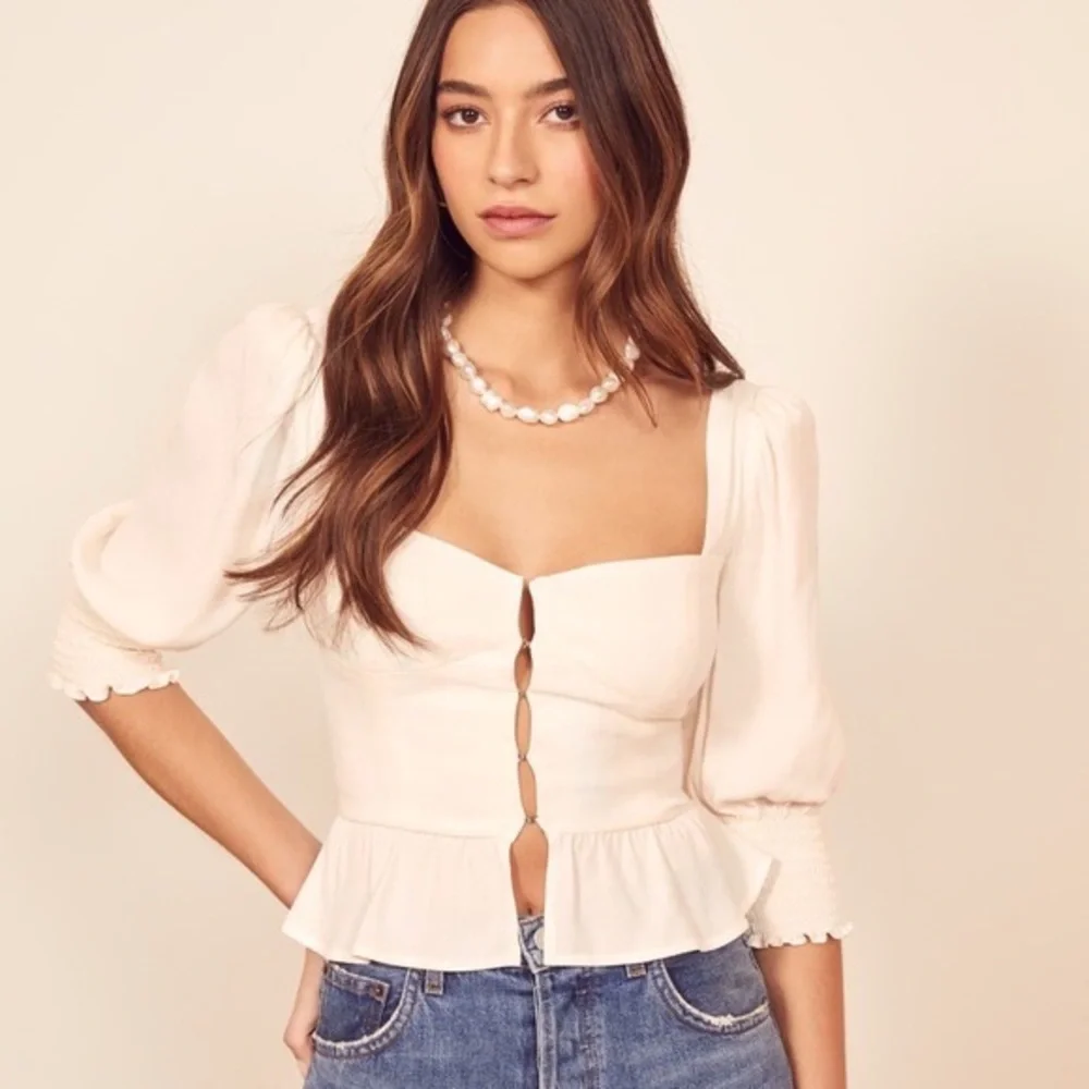 Reformation Cream Peplum Puff Sleeve Blouse